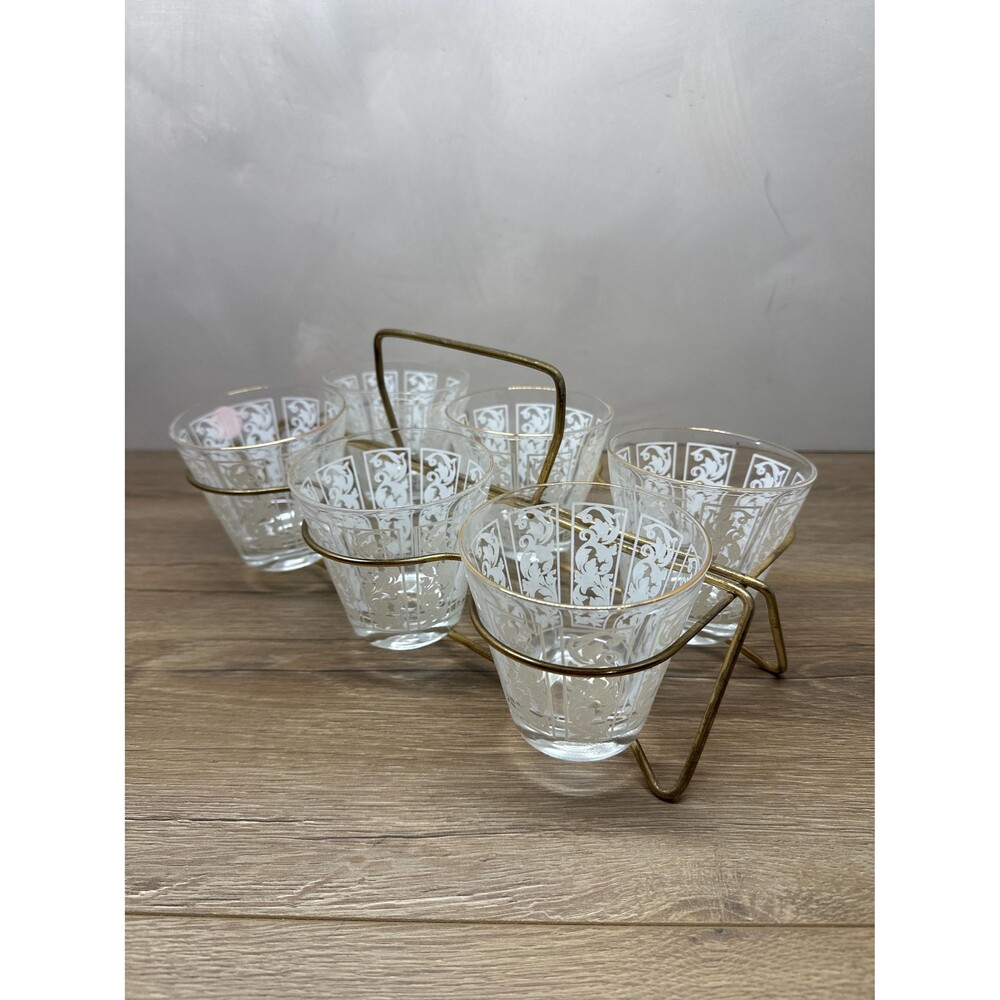 Vintage MCM Rocks Glass Set with Brass Wire Rack, White Floral Design, Set of 6